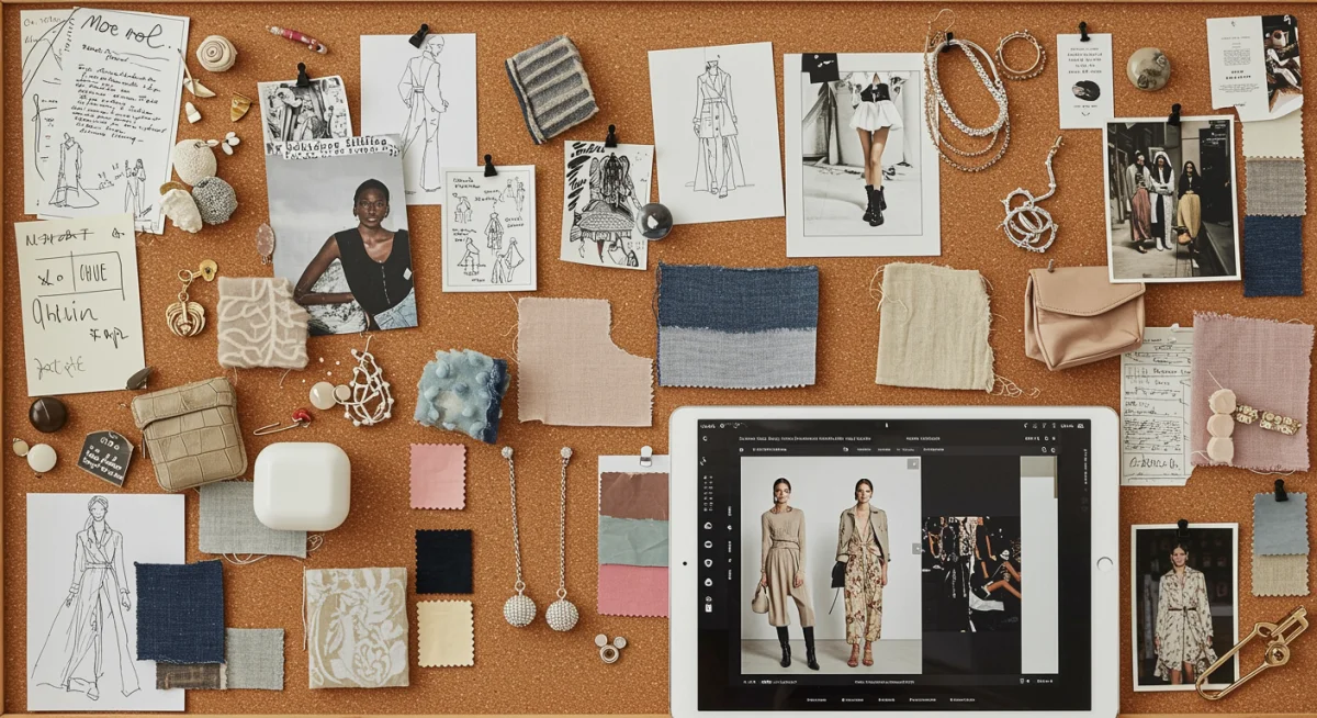 Un tablero de inspiración digital con texturas, colores y accesorios que representan un viaje de estilo personalizado.