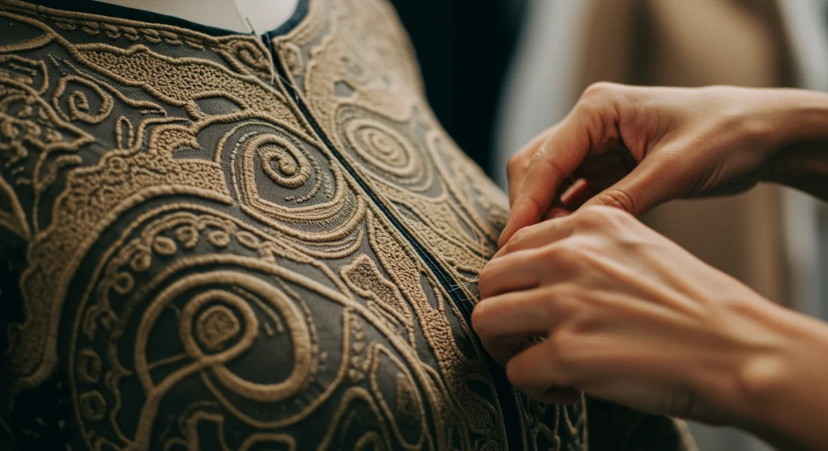 Detalle de tejido innovador y sostenible, reflejando la artesanía de un diseñador emergente.