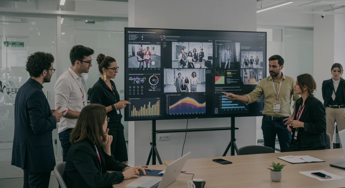 Profesionales de la moda analizando datos de participación en eventos virtuales de moda española 2025.