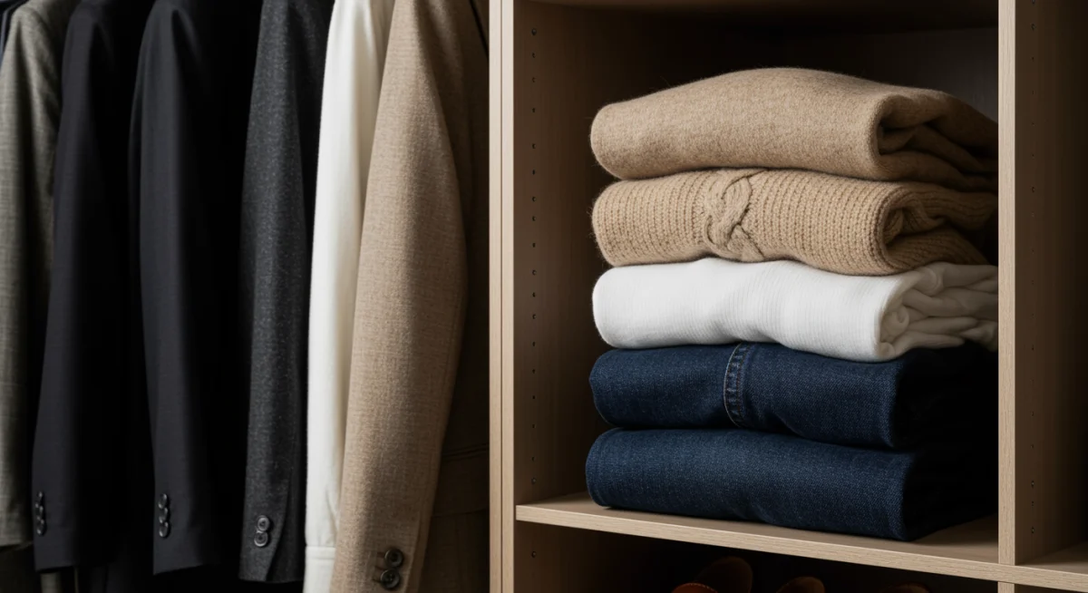 Armario cápsula bien organizado con prendas básicas de alta calidad y colores neutros, reflejando una inversión inteligente.