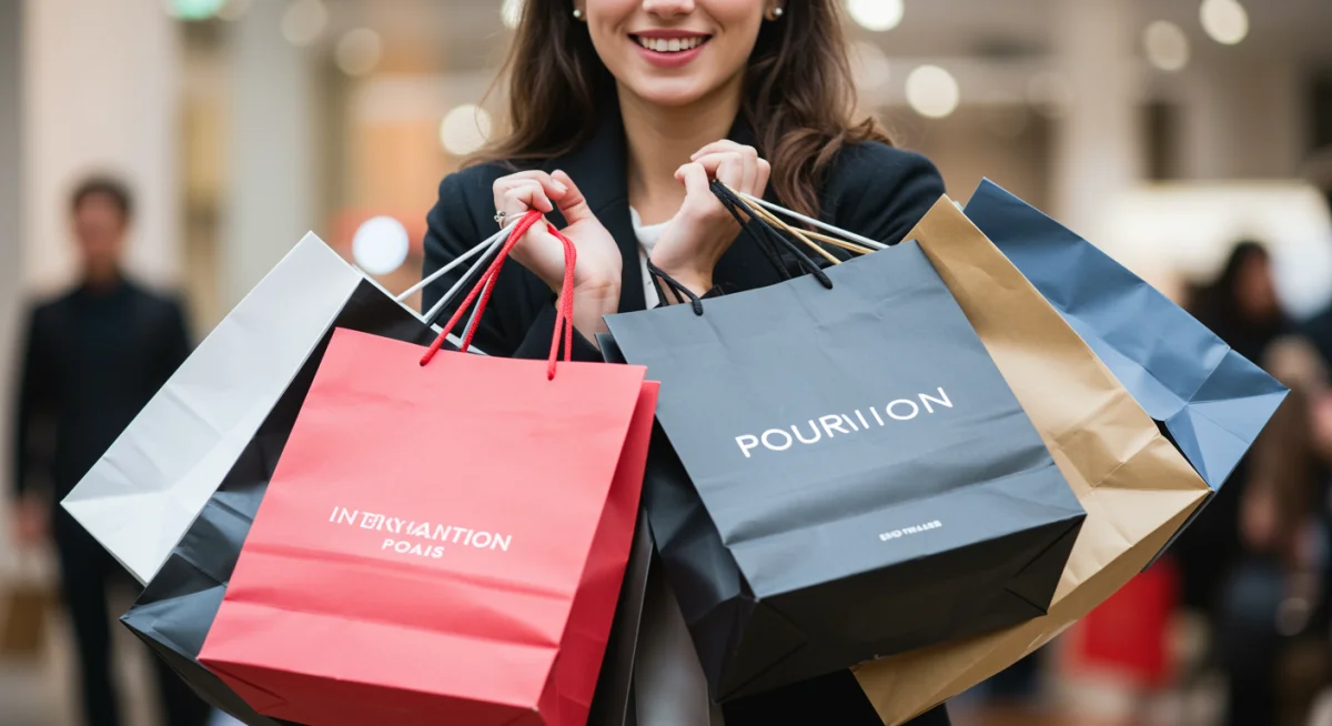 Persona satisfecha con bolsas de compra de marcas internacionales en un evento de moda en España.