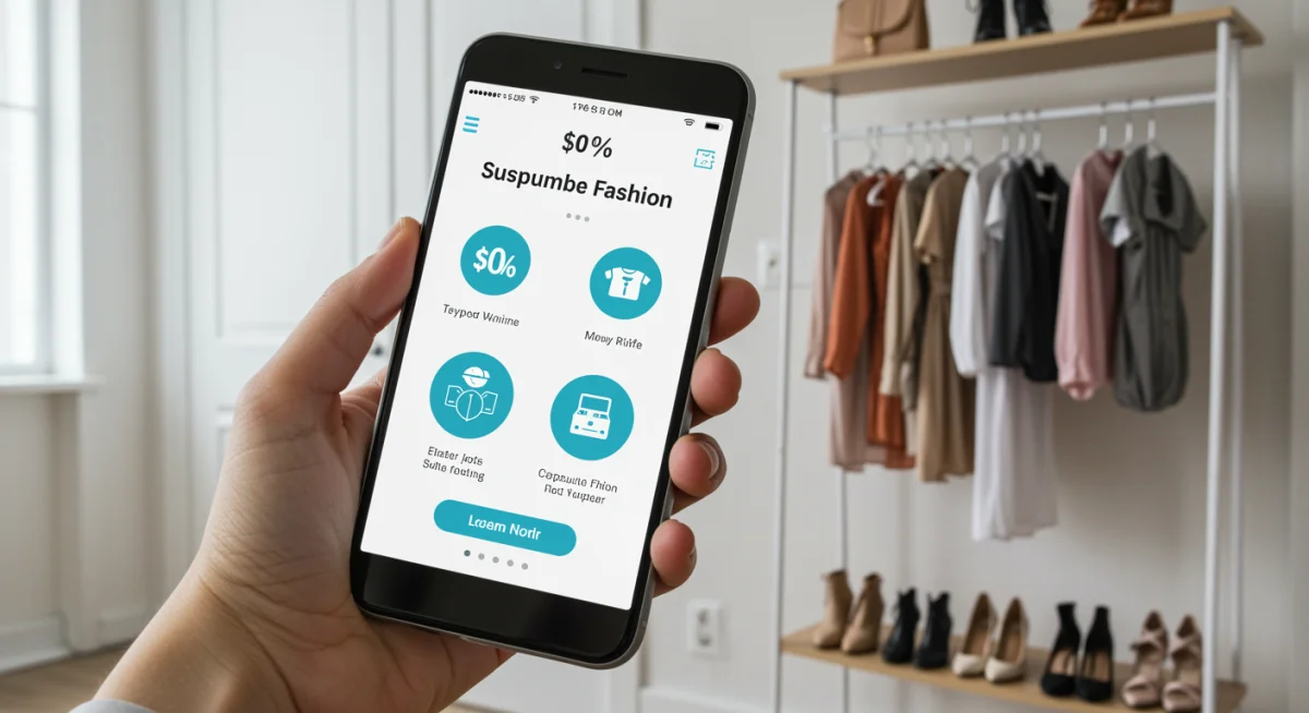 Mano sosteniendo un smartphone con aplicación de presupuesto y armario cápsula organizado, representando compras inteligentes y moda sostenible.