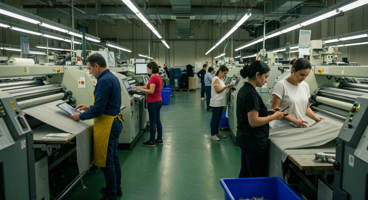 Trabajadores en una fábrica textil sostenible en España realizando auditorías de calidad y sostenibilidad.