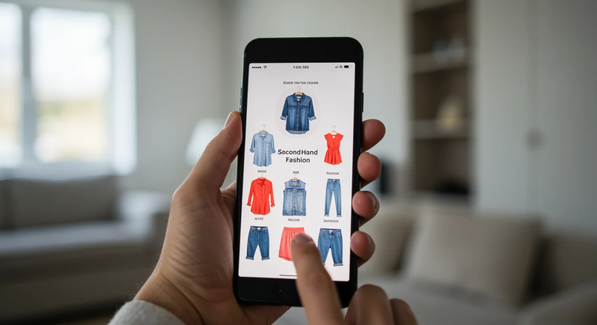 Interfaz de usuario de una aplicación de moda de segunda mano mostrando opciones de compra y venta.