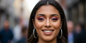 Mujer con maquillaje impecable de larga duración en 2026, luciendo fresca y radiante.