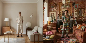 Comparativa visual entre el minimalismo y el maximalismo en un entorno español moderno, destacando la sobriedad frente a la opulencia en estilo personal y decoración.