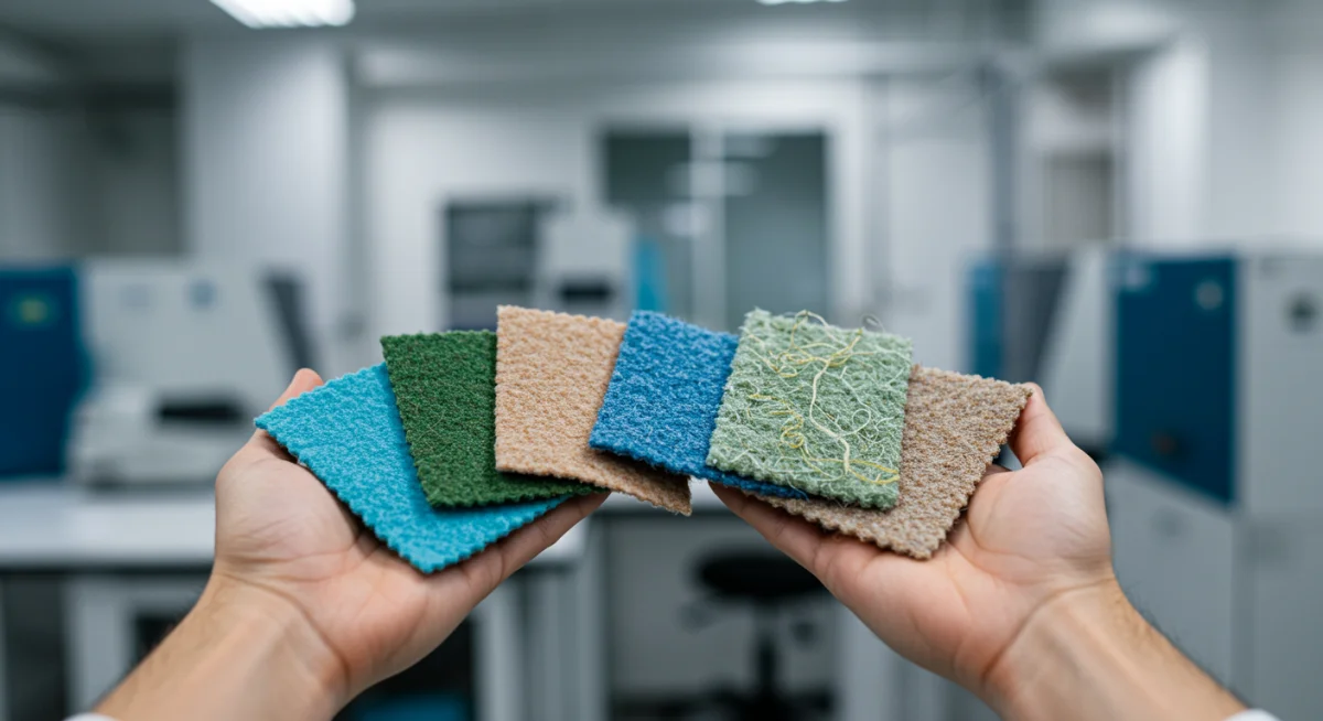 Muestras de tejidos innovadores y sostenibles, incluyendo plásticos reciclados y biopolímeros, en un laboratorio textil.