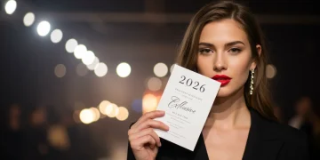 Mujer elegante con invitación exclusiva a evento de moda 2026