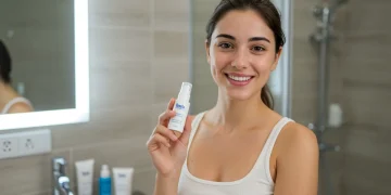 Mujer joven con piel radiante sonriendo, sosteniendo un producto dermatológico.