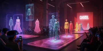 Pasarela de moda digital futurista en España, con modelos y hologramas, representando la innovación en eventos de moda 2025-2026.