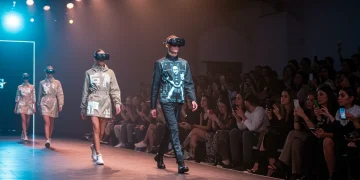 Pasarela de moda futurista en España 2026 con modelos y elementos de realidad aumentada.
