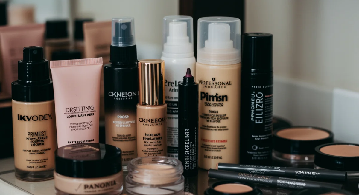 Productos de maquillaje profesional para larga duración, incluyendo prebases y fijadores.