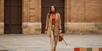 Mujer elegante en España luciendo las tendencias de color 2026 en un entorno urbano.