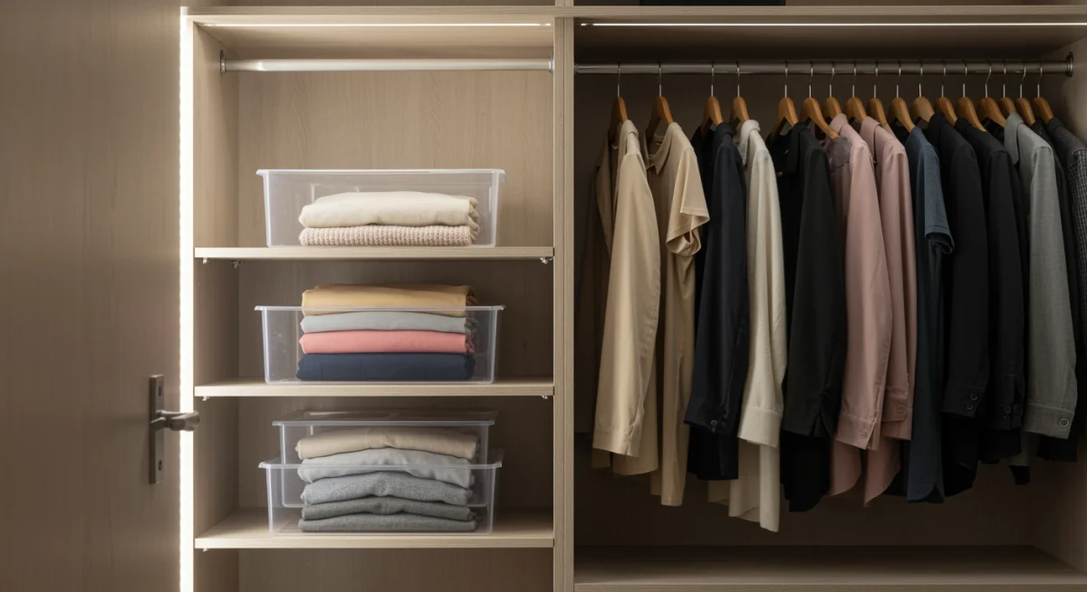 Armario organizado con 10 prendas esenciales para un fondo de armario inteligente.