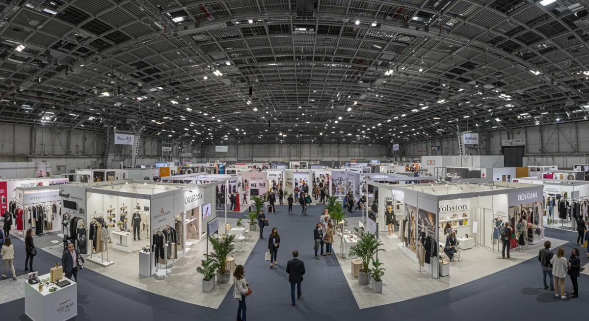 Vista general de una feria de moda en España, mostrando stands y asistentes