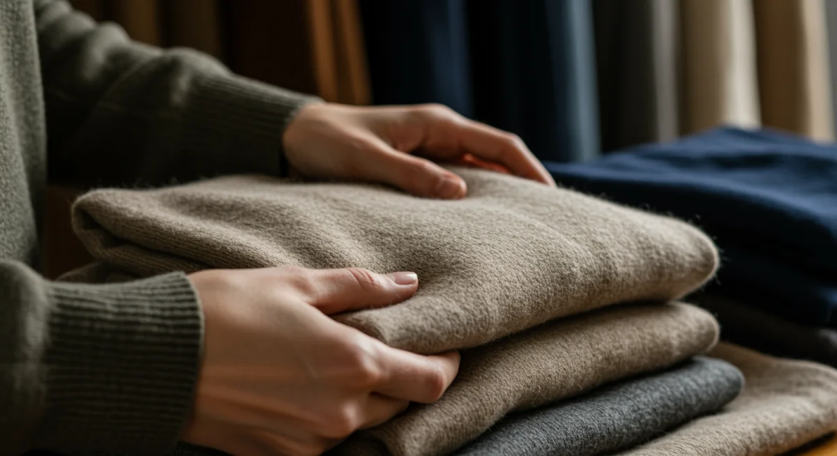 Detalle de manos doblando un jersey de cachemira de alta calidad, símbolo de inversión inteligente.