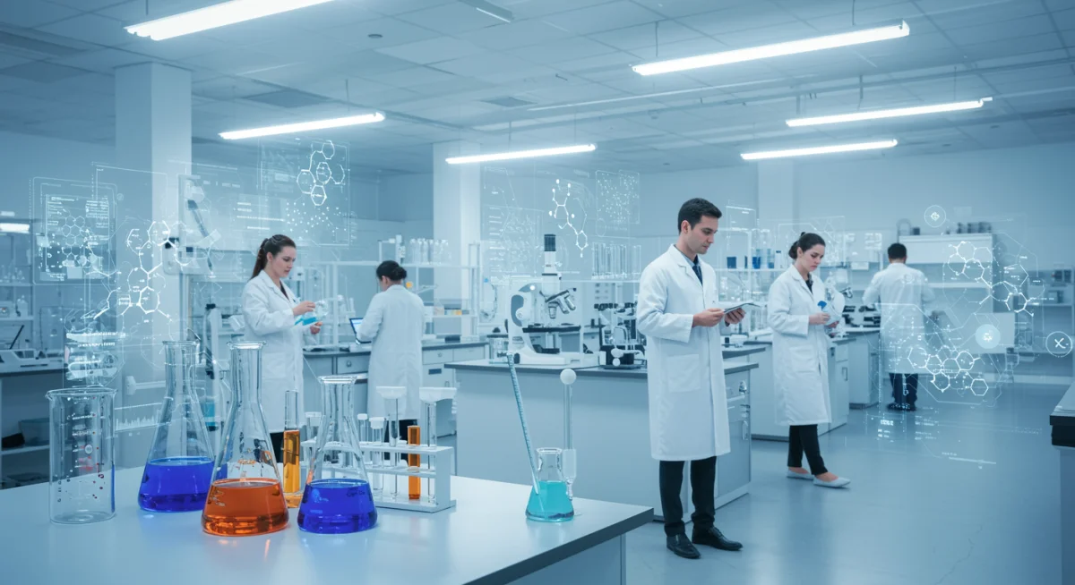 Científicos en laboratorio analizando ingredientes cosméticos para formulaciones innovadoras