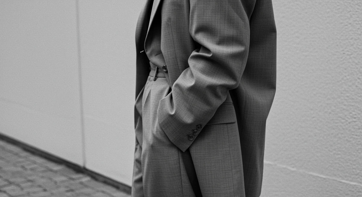 Persona con blazer oversize y pantalones sastre en tonos neutros, representando el lujo silencioso.