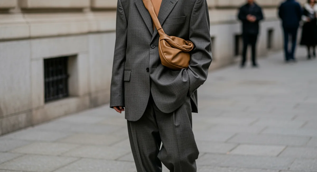 Persona con un traje sastre oversized y accesorios discretos, reflejando la tendencia de lujo silencioso en las calles de Madrid.