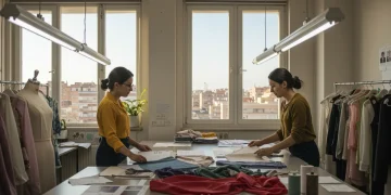 Diseñadores de moda española examinando tejidos sostenibles y regulaciones de sostenibilidad para 2026.