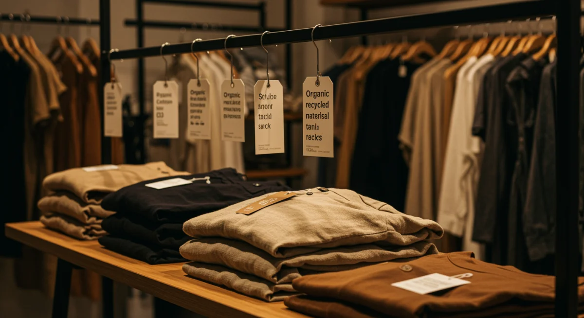 Prendas sostenibles y éticas en una boutique, destacando fibras naturales y producción transparente.