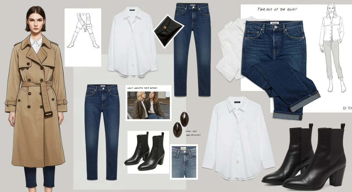 Panel de inspiración con prendas básicas de fondo de armario y combinaciones versátiles.