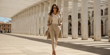 Mujer elegante en España 2026 con un look versátil de fondo de armario inteligente.