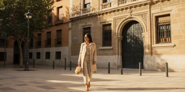 Mujer española elegante con atuendo minimalista y sostenible, reflejando las tendencias de moda de 2026.
