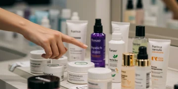 Mujer examinando etiquetas de productos de belleza con lupa, destacando términos clave para 2025