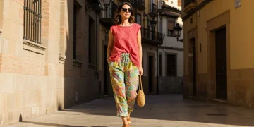 Mujer vistiendo moda sostenible en una calle española, reflejando estilo y conciencia ambiental.