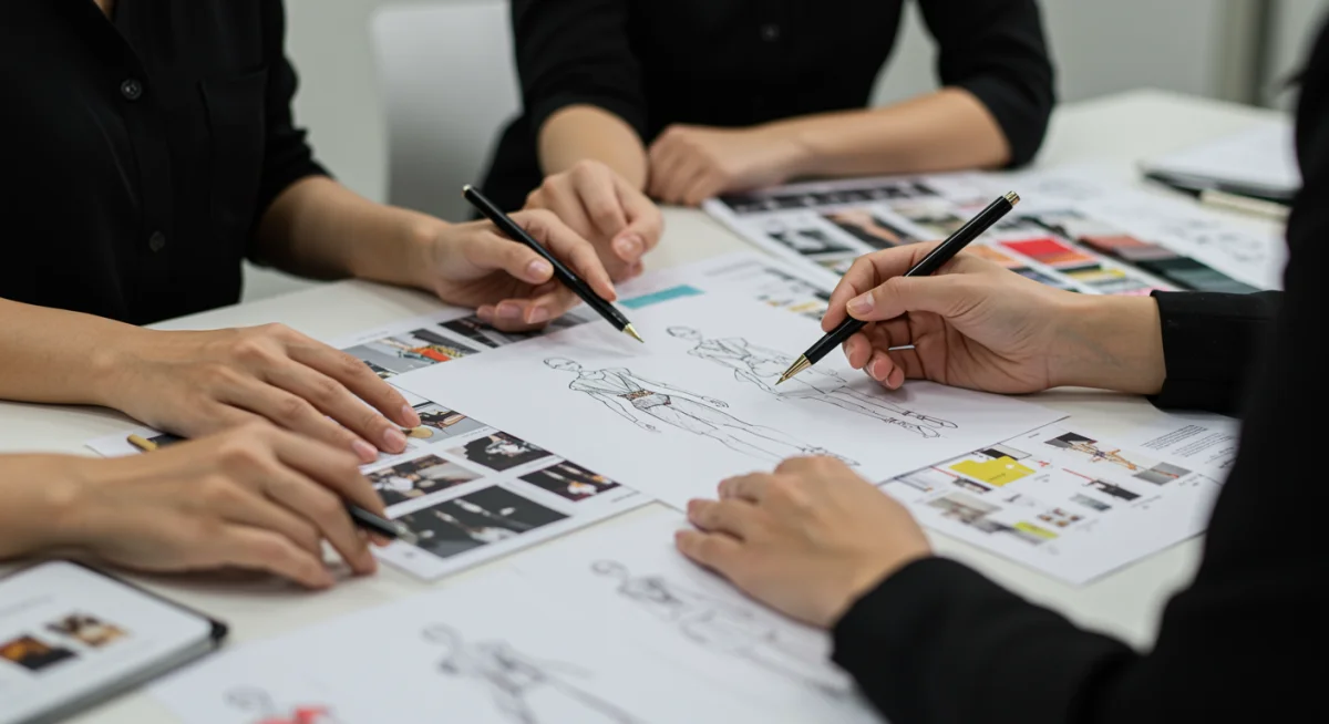 Equipo de organización de eventos de moda revisando bocetos de diseño y muestras de tela para un desfile.