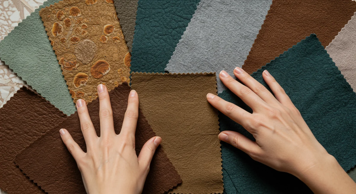 Muestras de tejidos innovadores y sostenibles, como Piñatex y cuero de hongo, para moda ética.