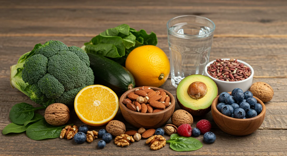 Variedad de alimentos saludables ricos en antioxidantes y vitaminas para una piel sana.