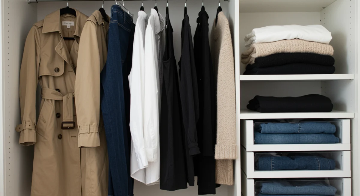 Armario cápsula cuidadosamente seleccionado con prendas esenciales y atemporales.