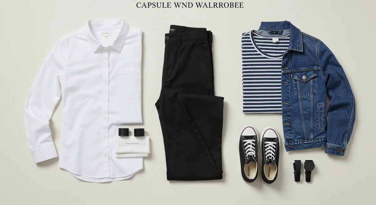 Armario cápsula cuidadosamente organizado con prendas versátiles para múltiples combinaciones.