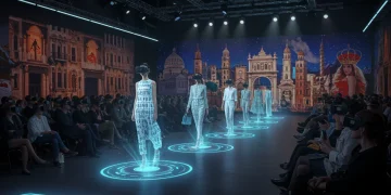 Desfile de moda futurista en realidad virtual con modelos digitales y público con gafas VR, ambientado con elementos arquitectónicos españoles.