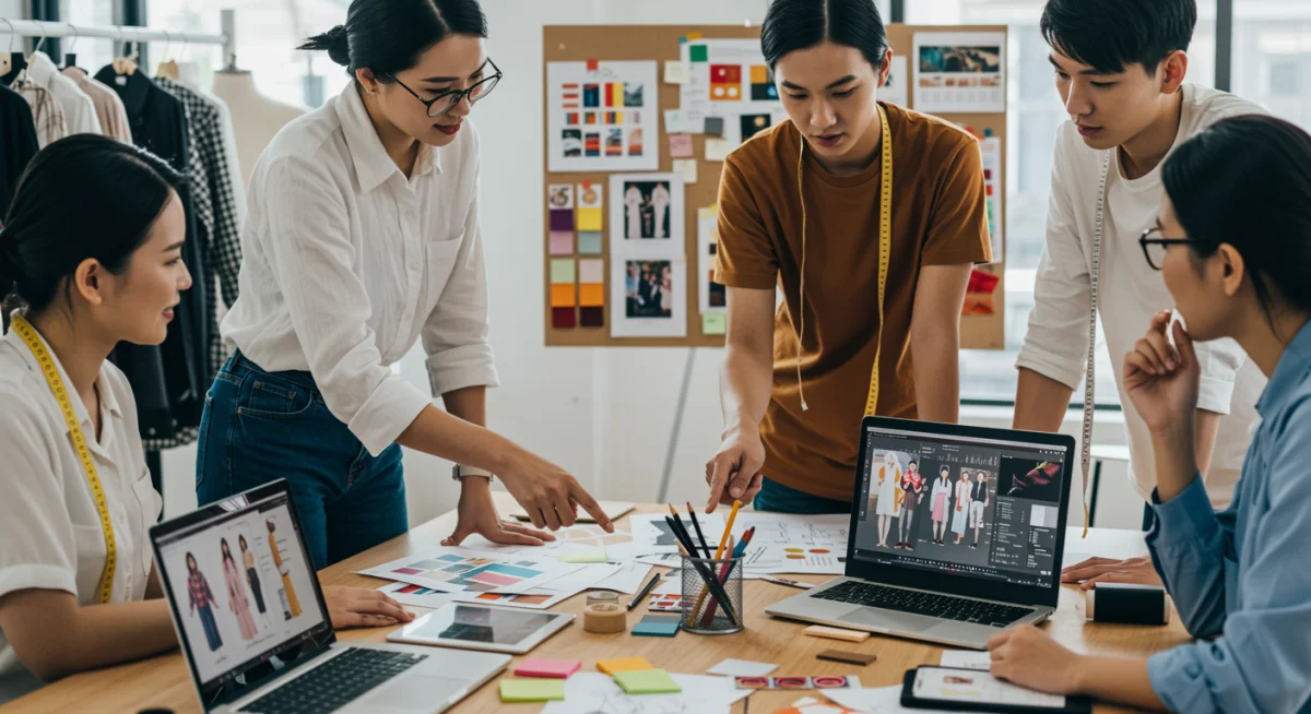 Diseñadores de moda españoles colaborando en un estudio creativo, rodeados de bocetos y muestras de tejidos para la colección primavera 2026.