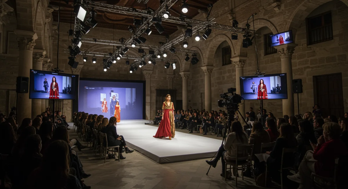 Evento de moda en vivo transmitido desde un edificio histórico español, con múltiples cámaras y elementos interactivos para la audiencia virtual.