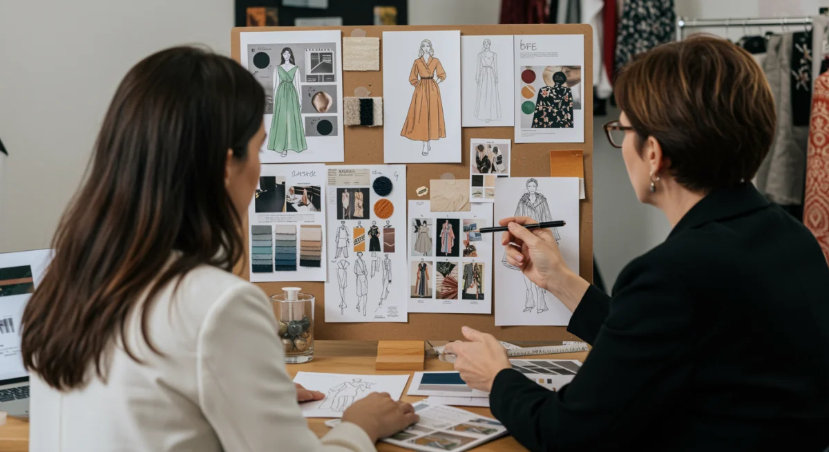 Experto de moda español asesorando sobre estilo personal y sostenibilidad con muestras de tela.