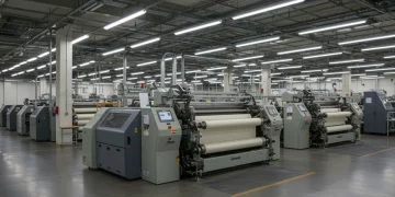 Fábrica textil española futurista con maquinaria avanzada y energía renovable, simbolizando la sostenibilidad y la innovación.