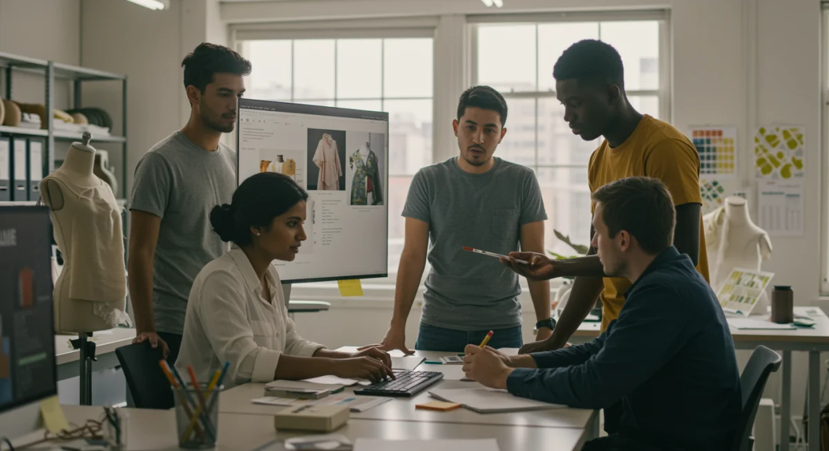 Diseñadores y ingenieros colaborando en un estudio, desarrollando soluciones de moda sostenible y nuevos materiales.