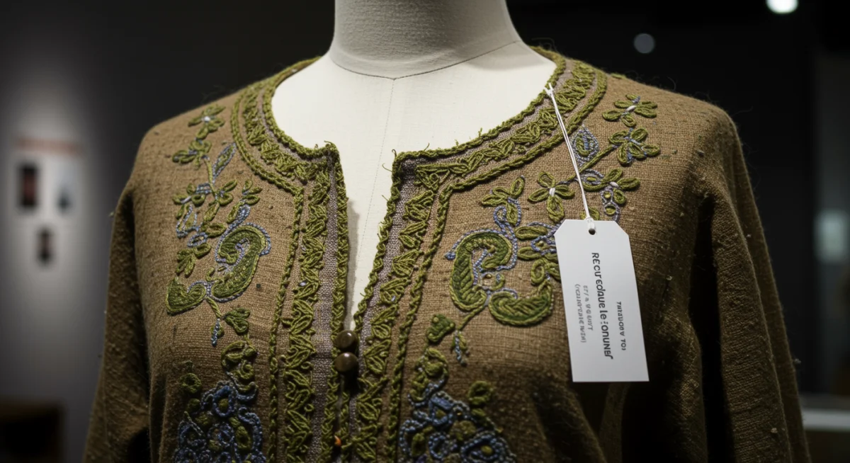 Detalle de tejido sostenible y bordados artesanales en una prenda de la colección primavera 2026, reflejando el compromiso con la sostenibilidad.