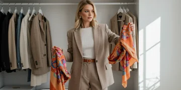 Mujer joven combinando prendas en un armario moderno, creando un conjunto impactante y con estilo.