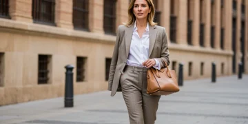 Mujer elegante con estilo atemporal en un entorno urbano español, vistiendo prendas clásicas de calidad.