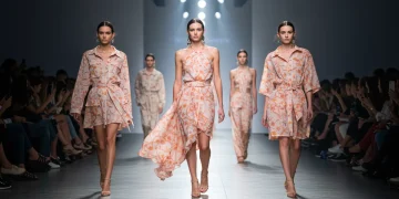 Modelos desfilando con diseños innovadores de primavera 2026 en la pasarela española, destacando colores vibrantes y texturas fluidas.