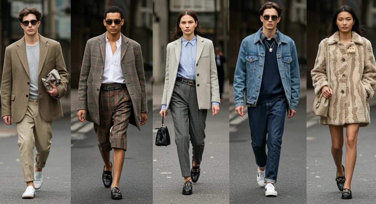 Grupo diverso de personas mostrando estilos únicos y combinaciones de ropa creativas en un entorno urbano.