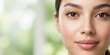 Mujer con piel radiante y sin imperfecciones, reflejando salud y belleza natural.