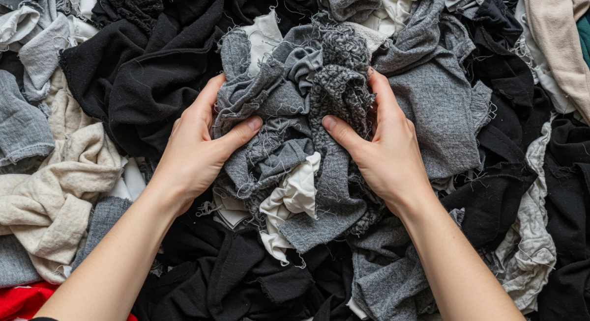 Manos clasificando residuos textiles para reciclaje, representando la economía circular en la moda.