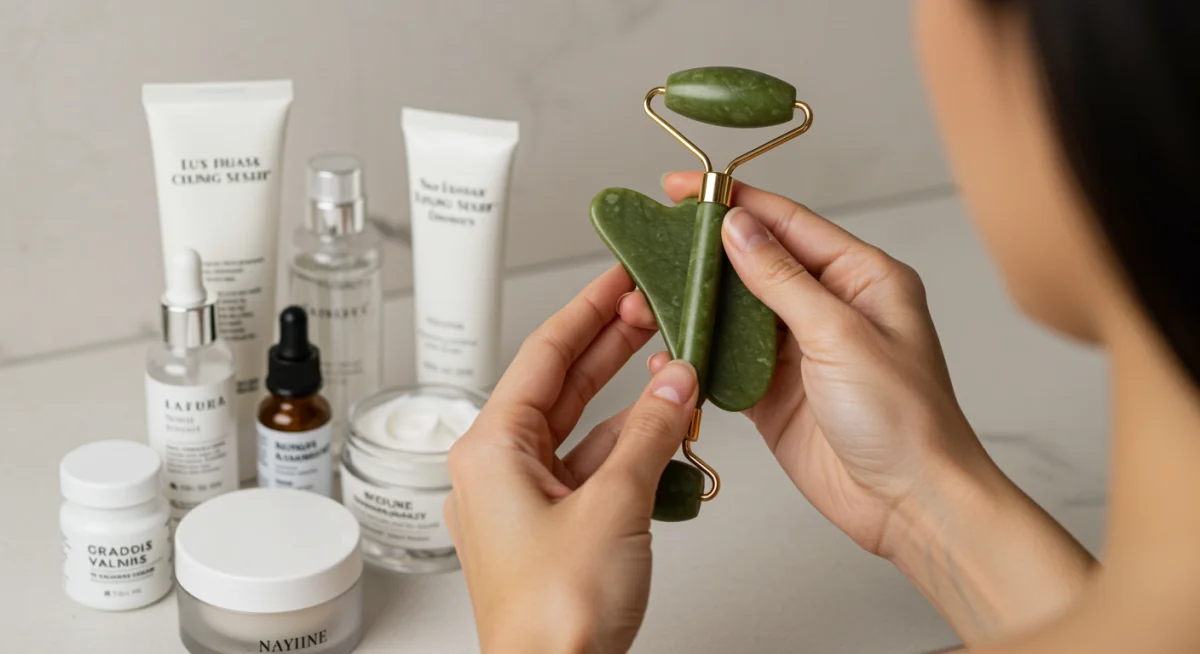 Persona aplicando un masaje facial con herramientas de belleza como parte de una rutina de cuidado.