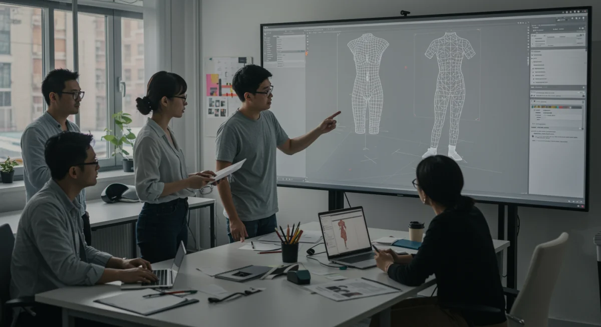 Diseñadores de moda y desarrolladores tecnológicos colaborando en software de diseño de prendas 3D en una pantalla interactiva.